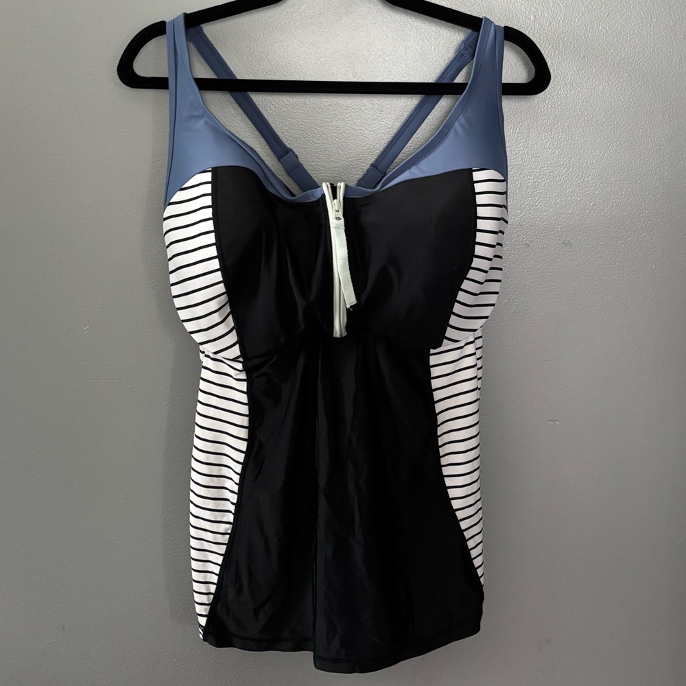 Cacique Bra Sized Striped Black Swim Tank with Blue Accents and Front Zip, 40G